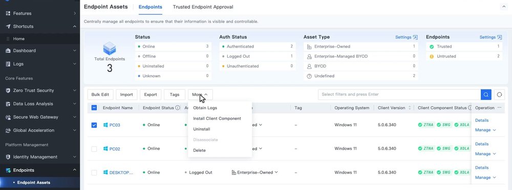 เมนู More ของ Endpoint Assets มีคำสั่ง Obtain Logs, Install Client Component, Uninstall, Disassociate และ Delete