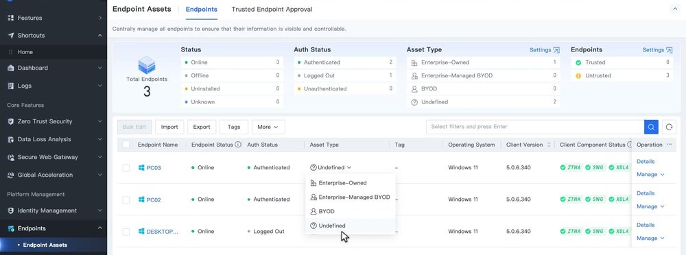 คอลัมน์ Asset Type ใน Endpoint Assets เปิดรายการให้เลือก Enterprise-Owned, Enterprise-Managed BYOD, BYOD หรือ Undefined
