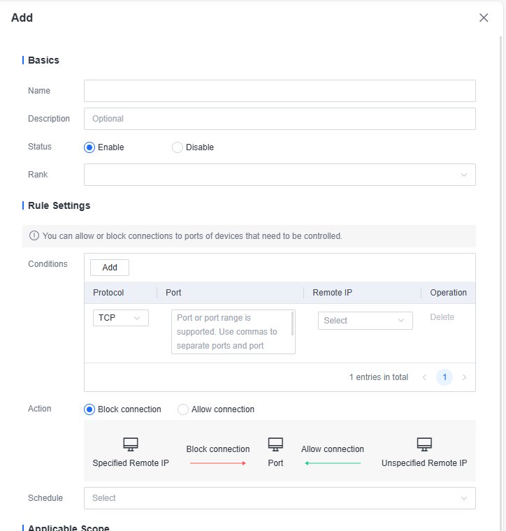 หน้าต่าง Add ของ Port Control มี Basics, Rule Settings ตาราง Conditions คอลัมน์ Protocol, Port, Remote IP, Action แบบ Block connection หรือ Allow connection และ Schedule