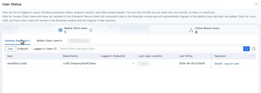 หน้า User Status แท็บ Desktop App Users มุมมอง User พร้อมปุ่ม Details และ Log out user