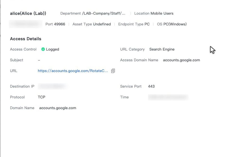แผง Details ของรายการใน SWG Logs แสดง Access Details เช่น Access Control, URL Category, Domain Name และ Service Port