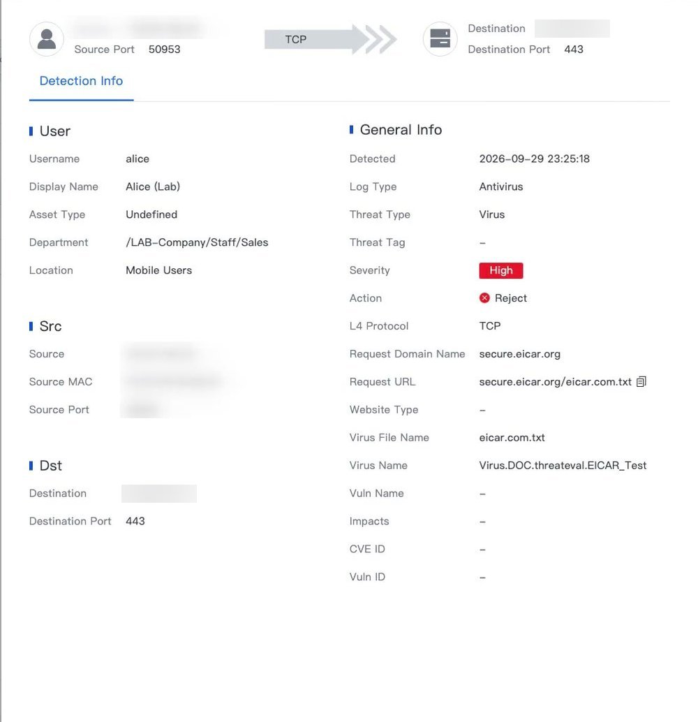 แผง Details ของ Security Log ประเภท Antivirus แสดง Virus File Name, Virus Name และ Action Reject