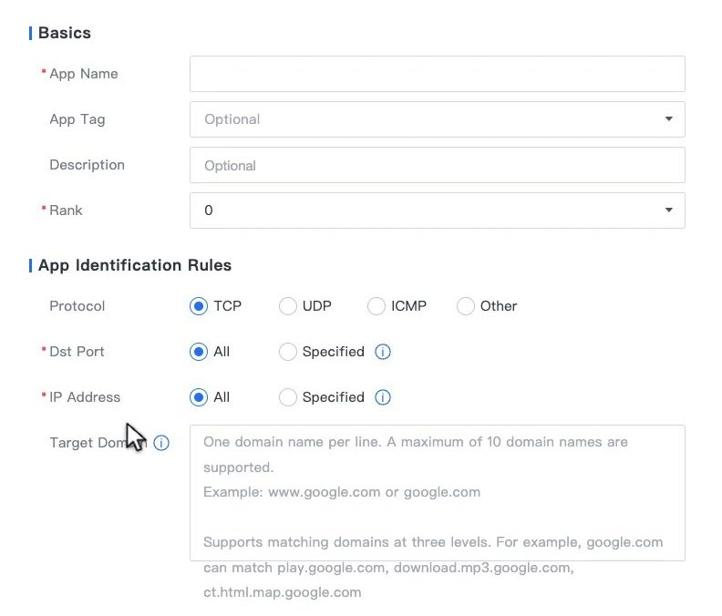 ฟอร์ม Add Custom App ส่วน Basics และ App Identification Rules พร้อมคำอธิบายของช่อง Target Domain