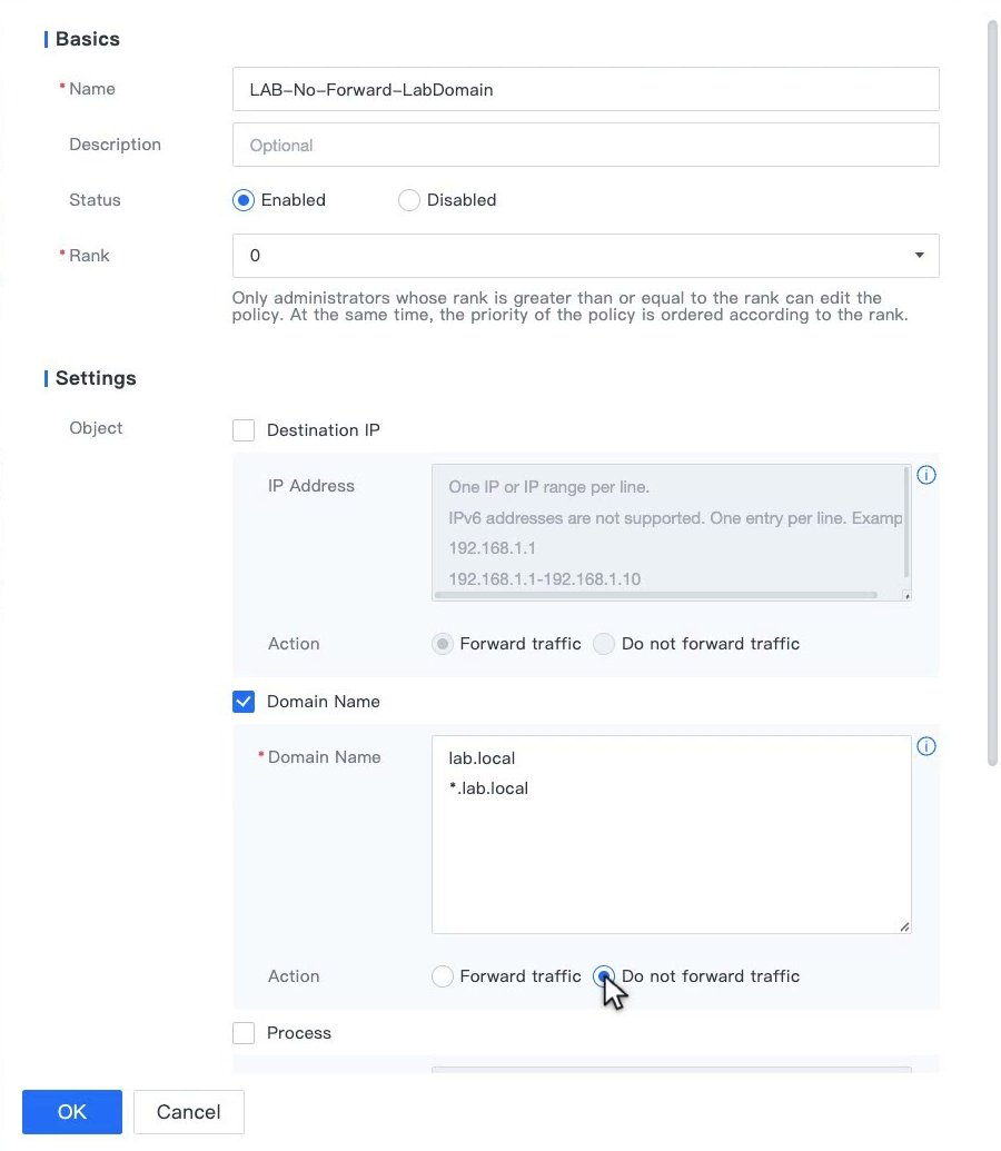 ฟอร์ม Add ของ Traffic Forwarding Policy ที่ติ๊ก Domain Name และตั้ง Action เป็น Do not forward traffic