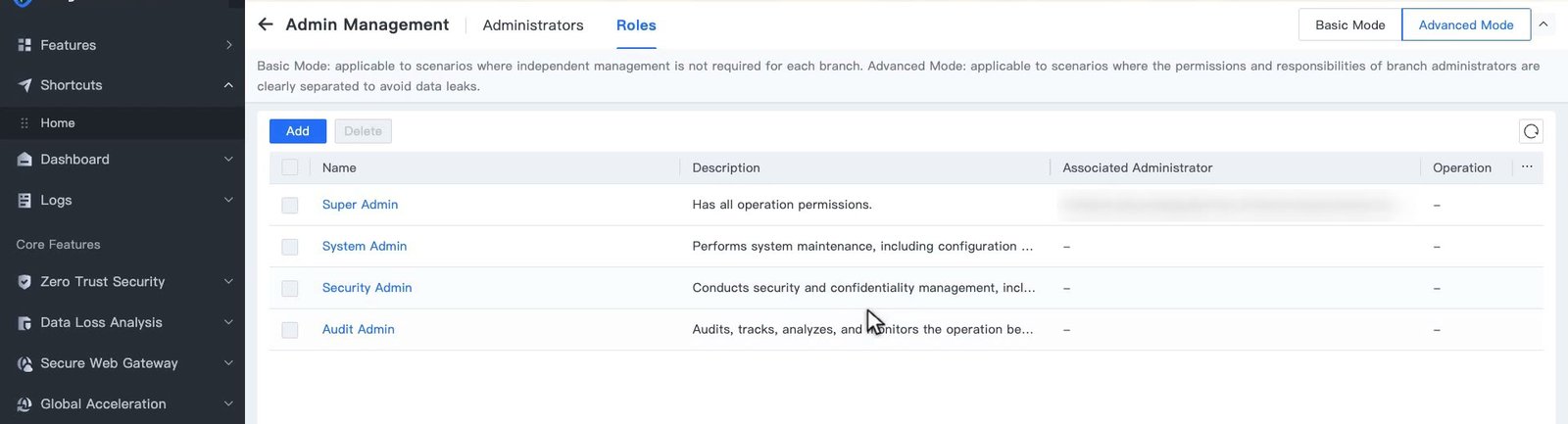 แท็บ Roles ใน Admin Management แสดง Role ที่ระบบมีให้ 4 แบบ