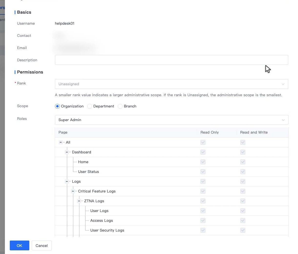 หน้าต่าง Assign Permissions แสดงช่อง Rank พร้อมคำอธิบาย ช่อง Scope และ Roles พร้อมตารางสิทธิ์