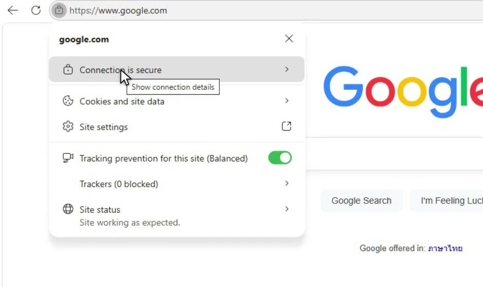 เมนูของ Browser เมื่อคลิกแม่กุญแจ แสดงหัวข้อ Connection is secure