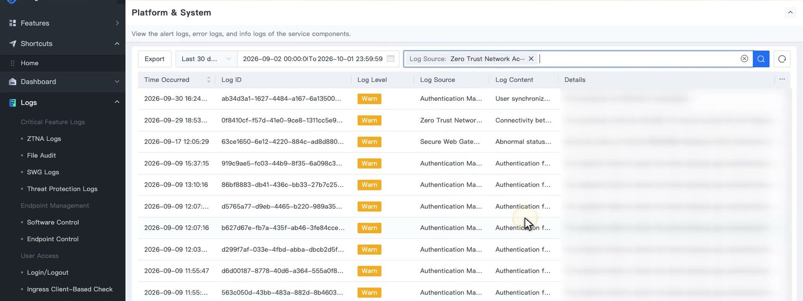 หน้า Platform & System กรอง Log Source เป็น Zero Trust Network Access แสดงแถว Warn ของ Service