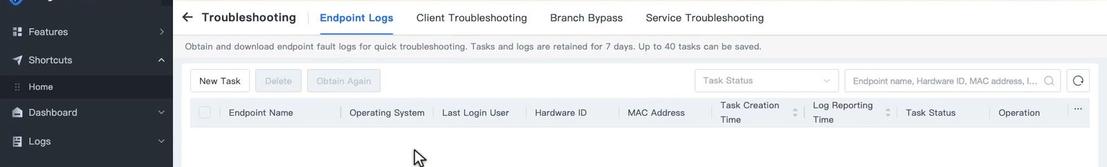 หน้า Troubleshooting ที่มีแท็บ Endpoint Logs, Client Troubleshooting, Branch Bypass และ Service Troubleshooting