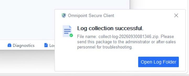 ข้อความ Log collection successful พร้อมชื่อไฟล์และปุ่ม Open Log Folder
