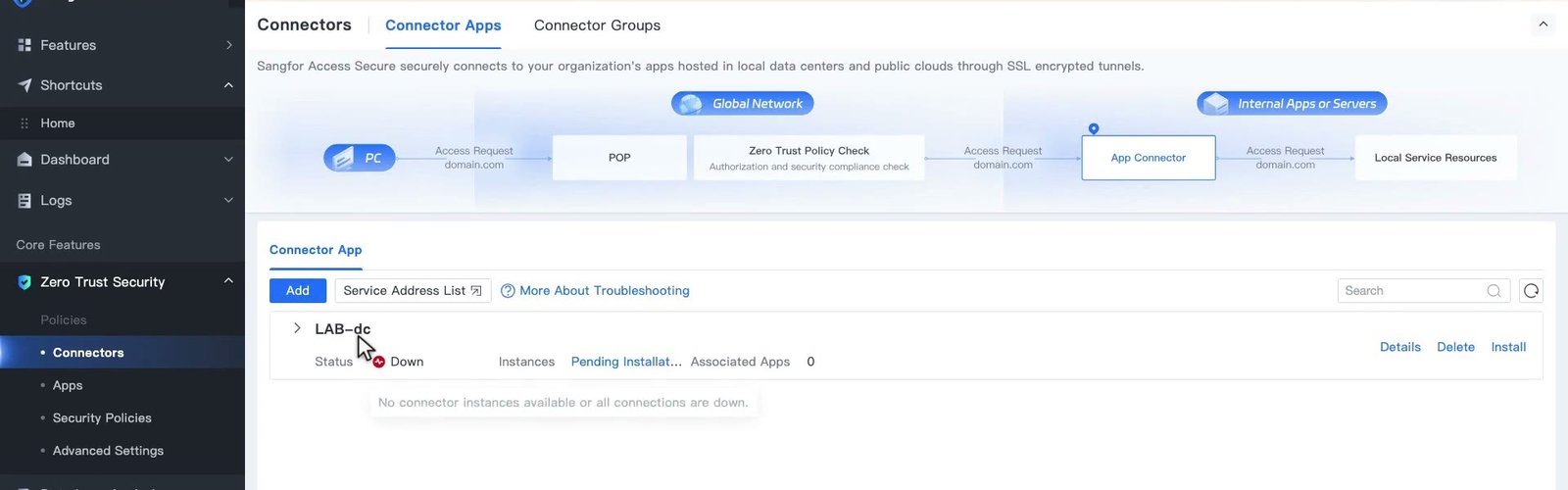 การ์ด Connector สถานะ Down และ Pending Installation พร้อมข้อความเมื่อชี้ที่สถานะ