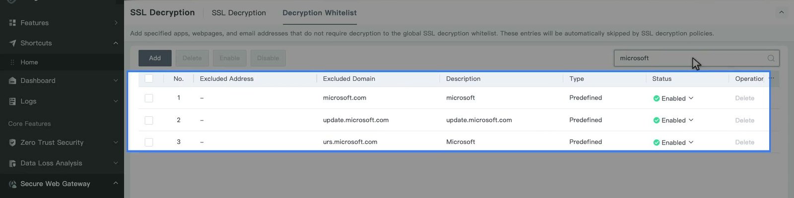 แท็บ Decryption Whitelist ค้นหาด้วยคำว่า microsoft แสดงรายการ Predefined ที่ระบบมีให้
