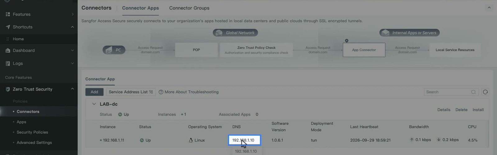 การ์ด Connector สถานะ Up และแถว Instance ที่แสดง Operating System, DNS และ Last Heartbeat