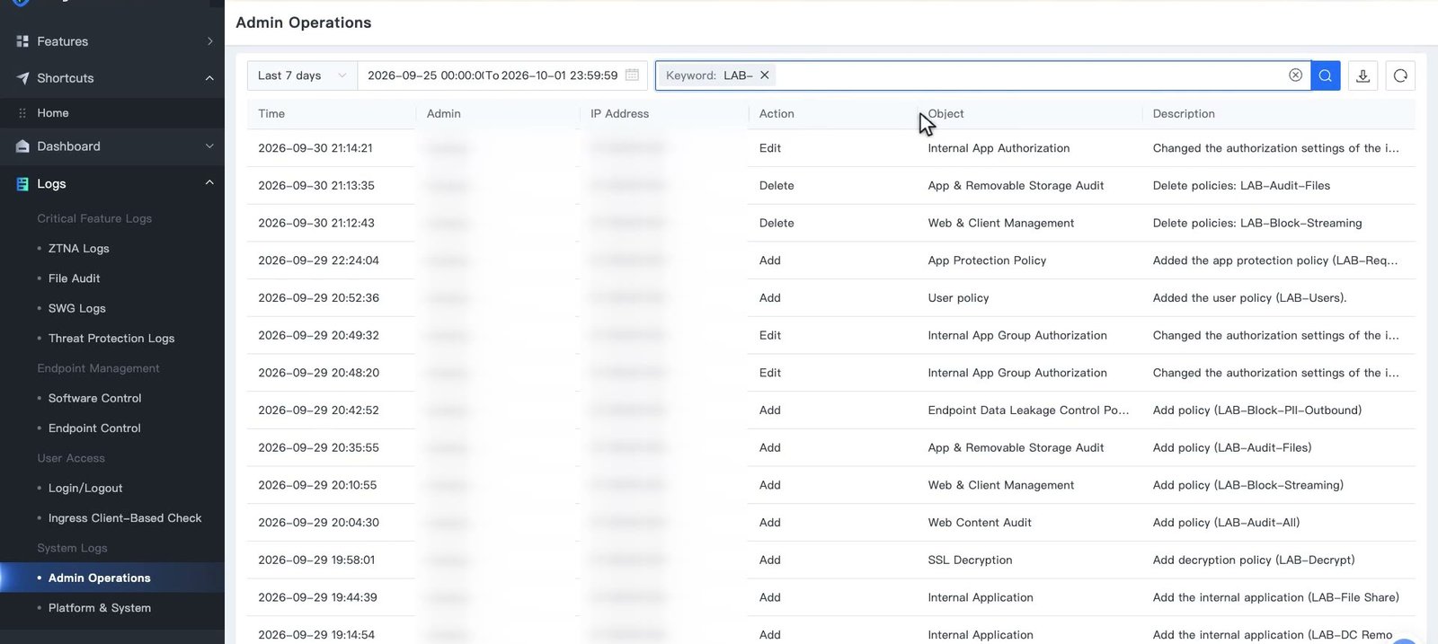 หน้า Admin Operations กรองด้วย Keyword แสดงเวลา Action Object และ Description ของการเปลี่ยนค่า