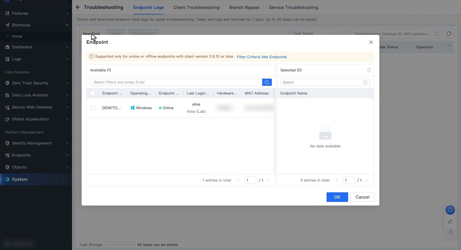 หน้าต่าง Endpoint หลังกด New Task ในแท็บ Endpoint Logs สำหรับเลือกเครื่องที่ต้องการดึง Log