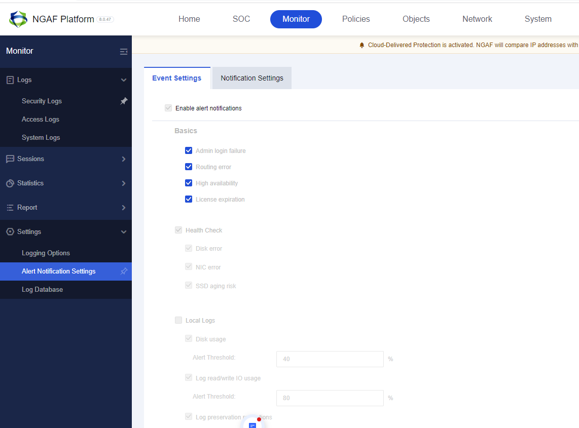 Alert Notification Event Settings